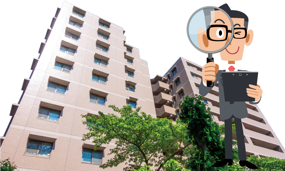 賃貸マンション写真と部屋探しをする男性のイラスト